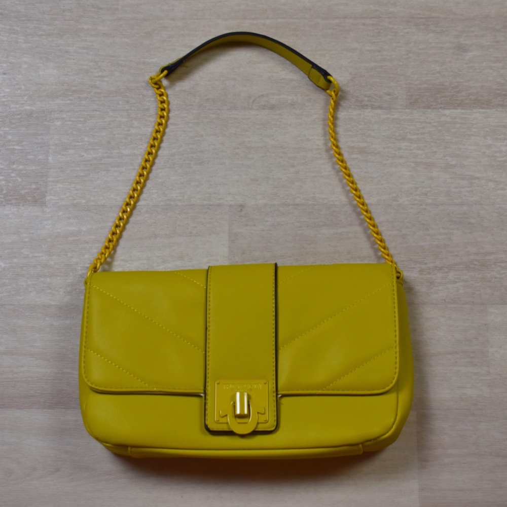 TRUE RELIGION Shoulder Bag Quilted Faux Vegan Leather Chain Strap Yellow